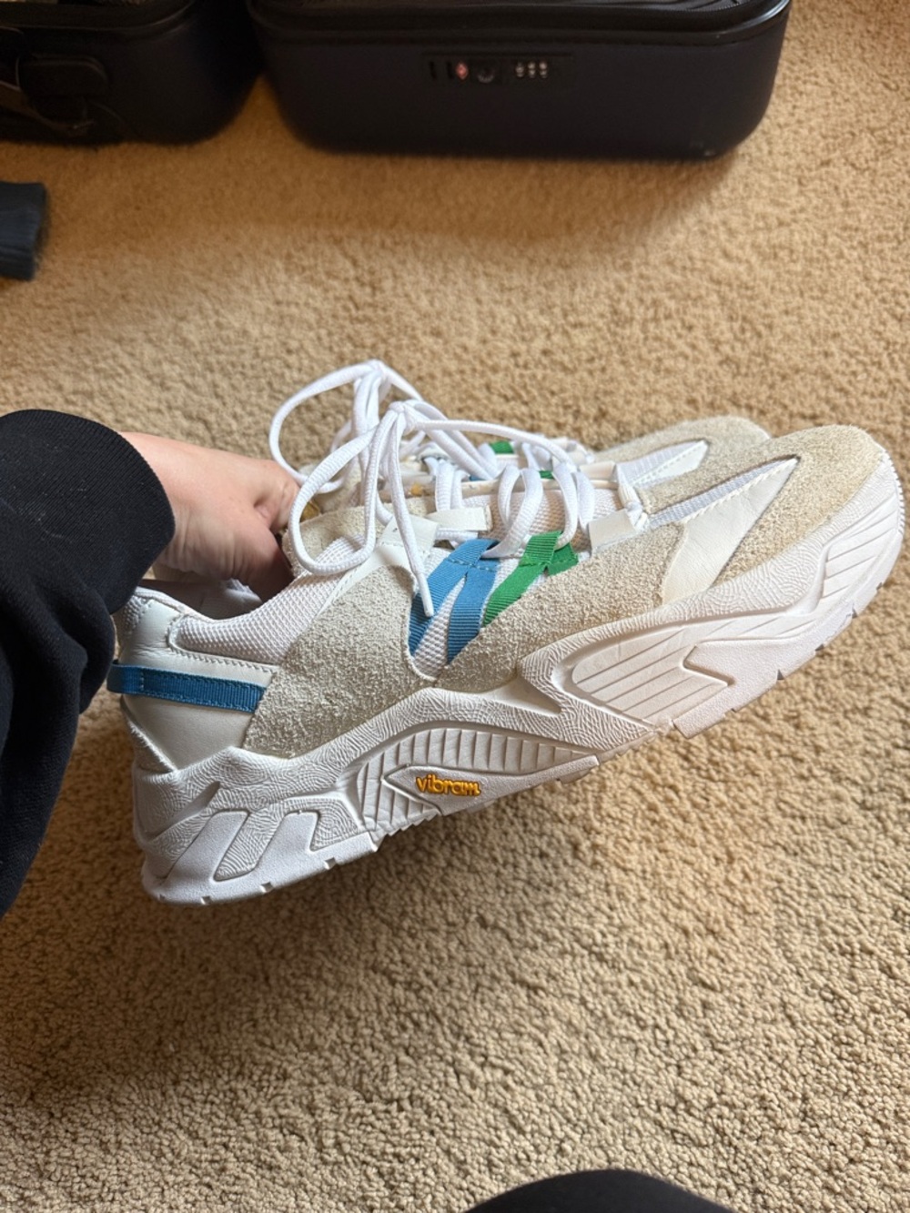 Chunky White Sneakers with Blue & Green Accents